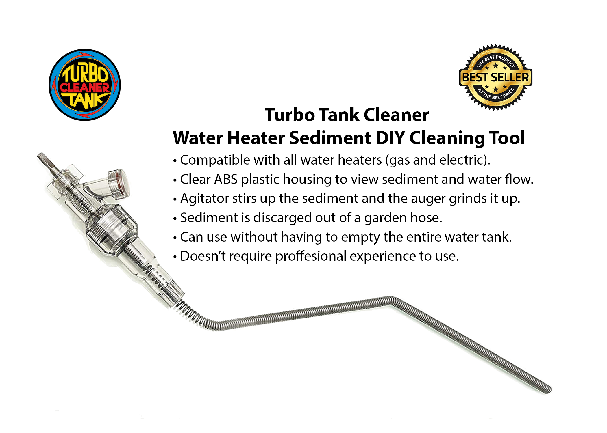 Turbo Tank Cleaner - Water Heater Cleaning Tool, Improves Hot Water Supply,  Removes Hard Water Sediment, Flushes Gas & Electric Tanks, Pro-Grade DIY