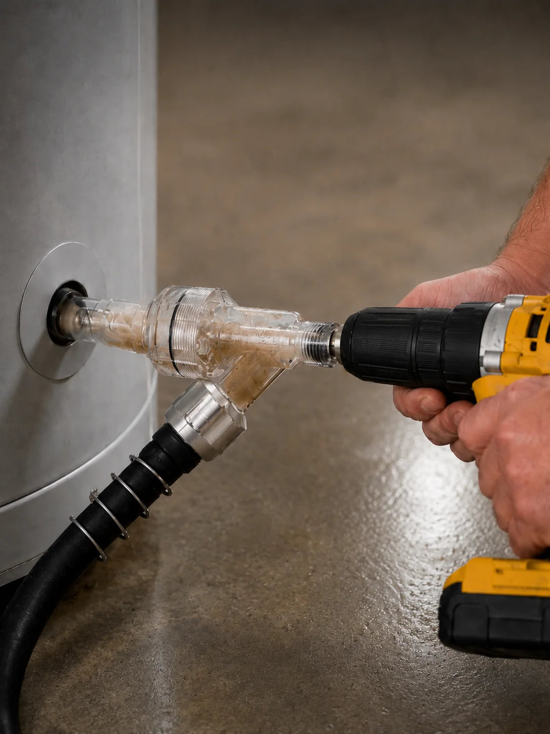 Turbo Tank Cleaner uses a cordless drill and garden hose to break up and remove stubborn sediment at the bottom of your tank.