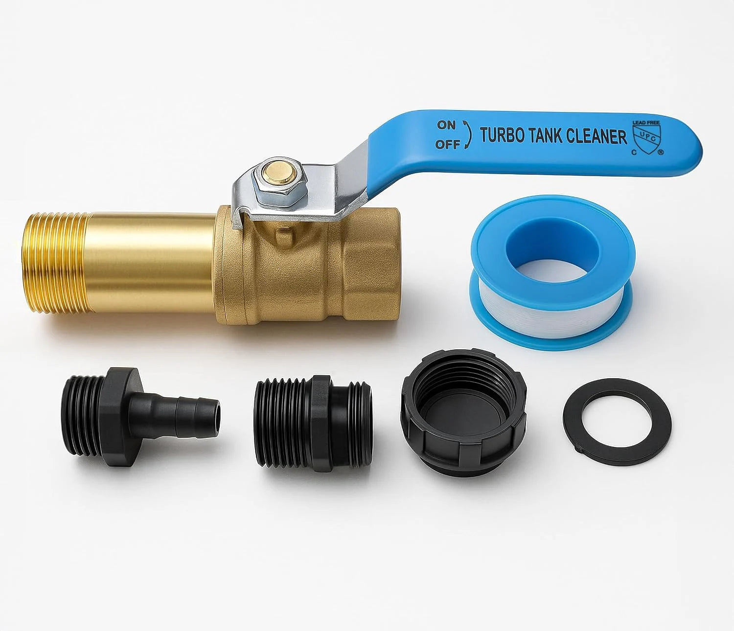 Full-port brass water heater drain valve kit with adapters and thread-seal tape