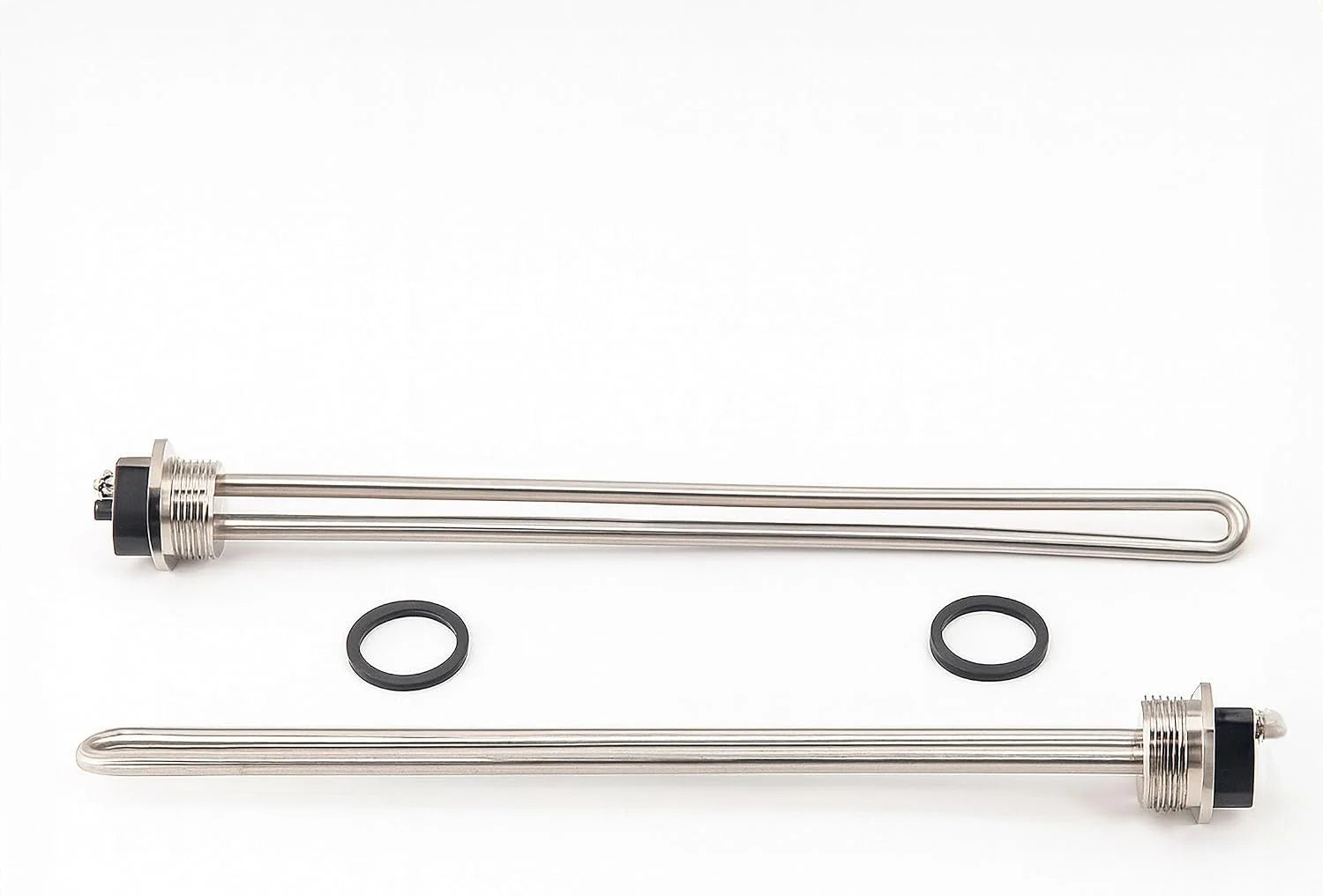Two stainless steel screw-in water heater elements with silicone gaskets